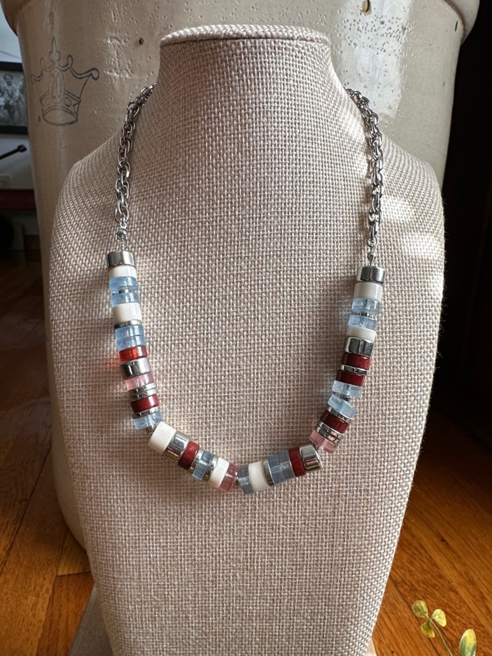 Beaded Multi-Color Disc Necklace - Pink, Blue & Deep Red